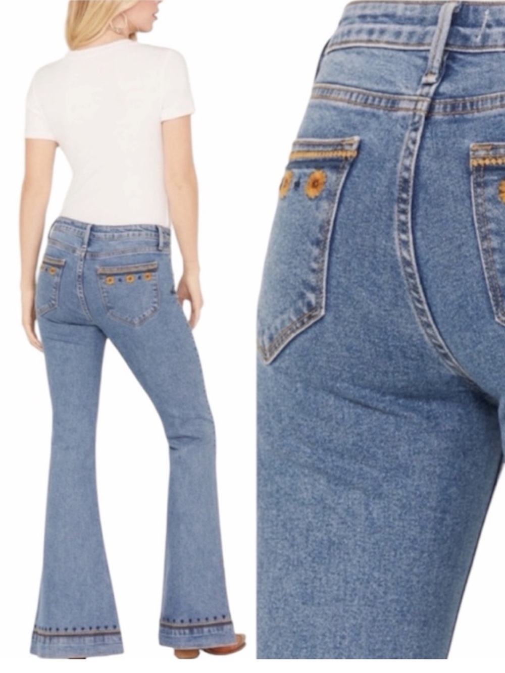 Driftwood  X Free People Farrah Split Hem Flare Boho Embroidered Jeans Size 26 - Picture 3 of 13
